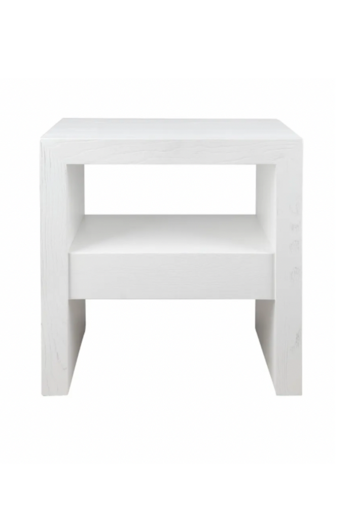 Minimalist White Wooden Side Table or Bedside Table with a Chunky Linear Frame and a Middle Shelf on a White Background