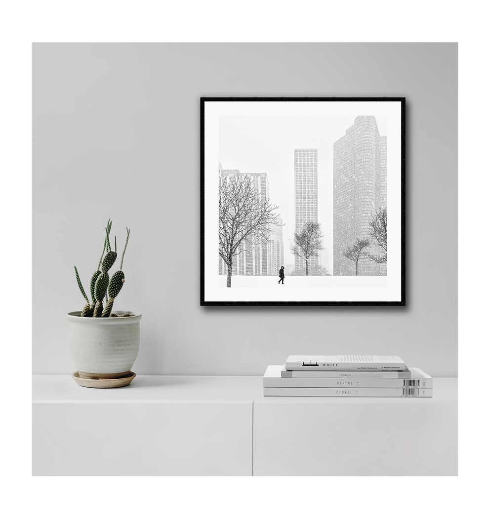 Urban print with black and white city in winter New York City Central Park in square orientation. 
