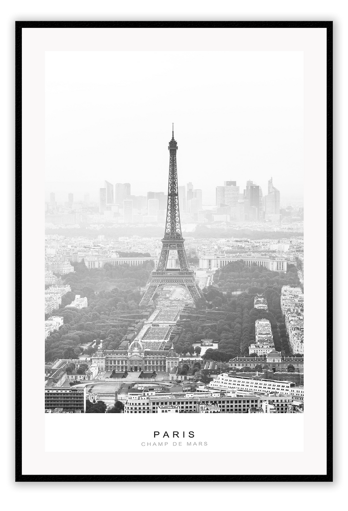Black and white french print with text and photography of eiffel tower iconic image city architecture
