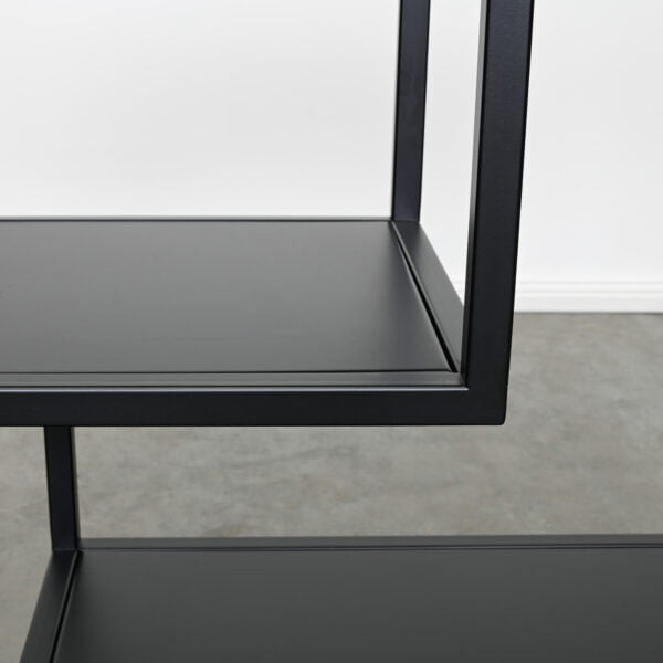 4 tier console with a black metal frame and several black wooden shelves on a white background