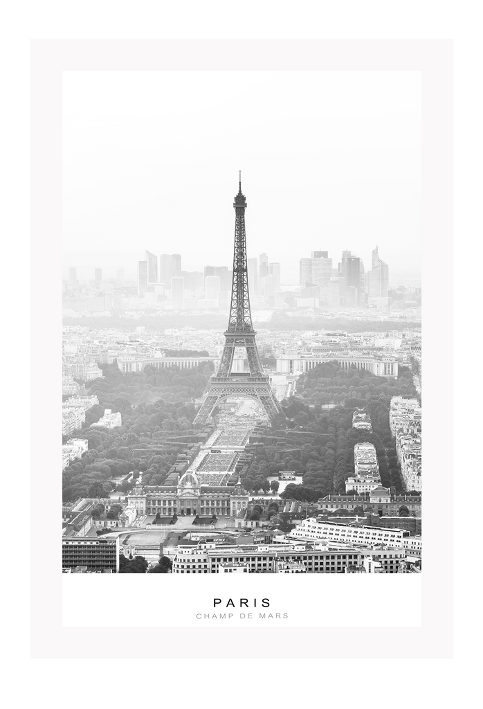 Black and white french print with text and photography of eiffel tower iconic image city architecture