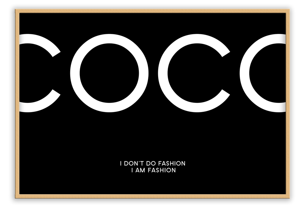 Fashion typography print with white text and black background chanel inspired coco 