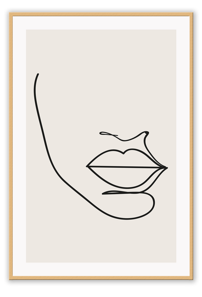 Abstract line art minimal print portrait mouth face black outline on beige background