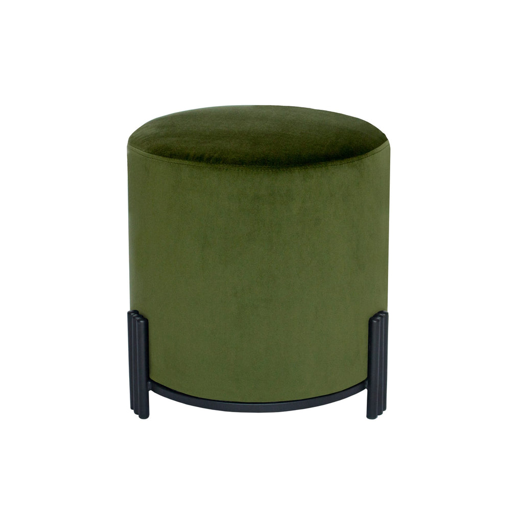 Round Ottoman upholstered in soft olive green velvet with matte black metal base and three ribbed legs on white background