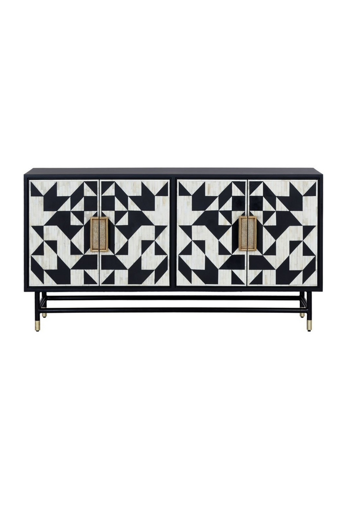 Contemporary Black Buffet with four doors featuring black & white geometric pattern and gold metal capped legs on a white background