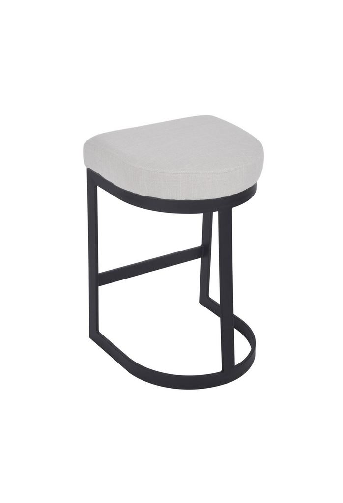 Modern black bar stool with steel base in round and edgy geometric shapes and a natural linen seat cushion