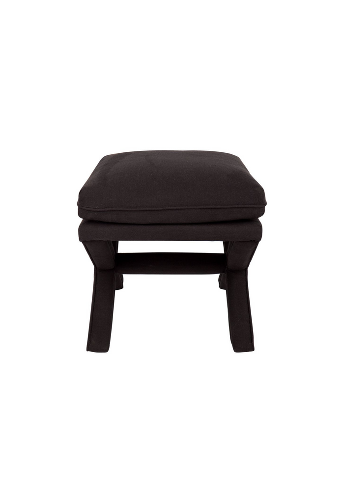 Stylish Stool with a crossed legged base and a generoulsy padded seat fully upholstered in black linen on a white background