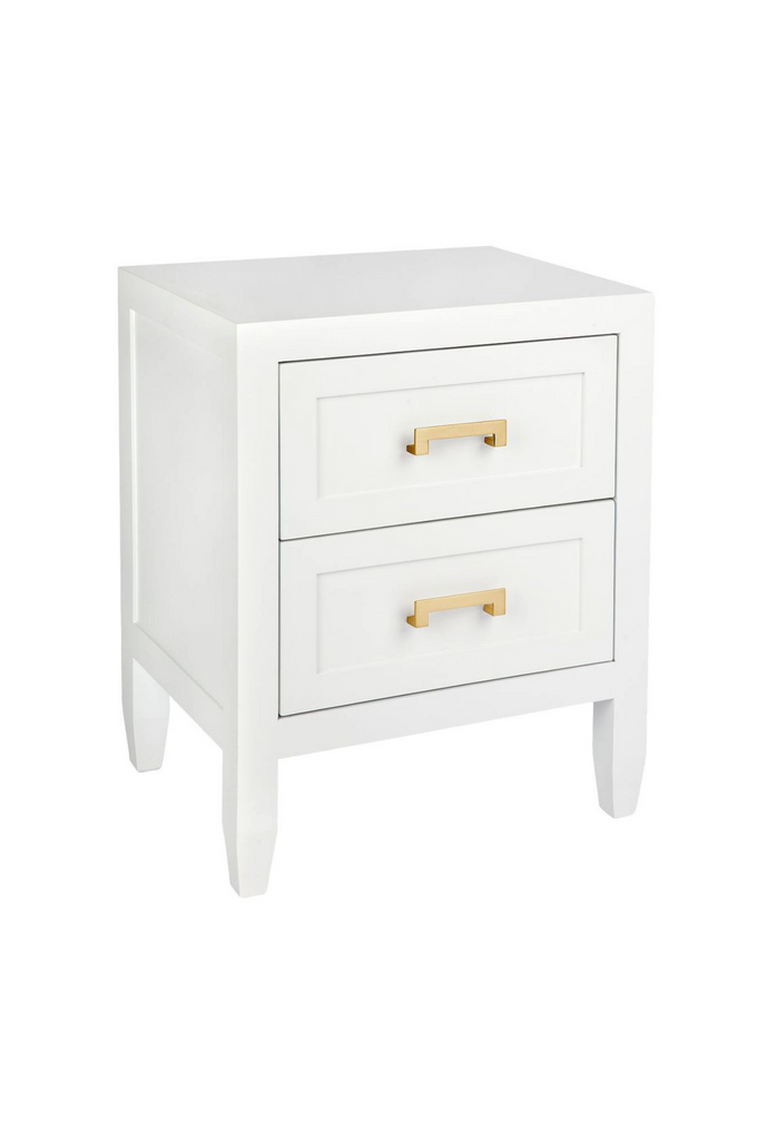 Chunky White Bedside Table with Two Deep Drawers feautring geometric shaped gold handles and panelling on the front