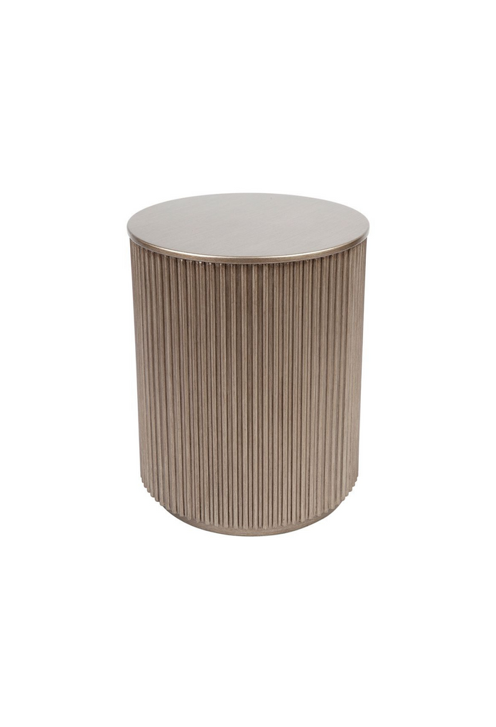 Contemporary wood round side table with linear patterns in Antique gold colour