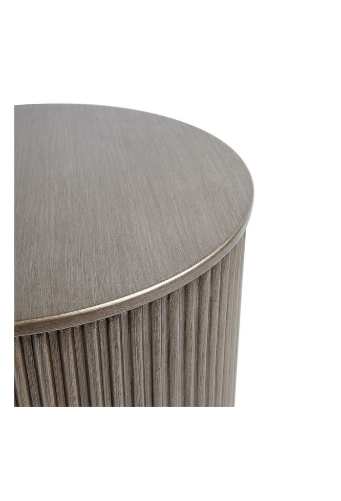 Contemporary wood round side table with linear patterns in Antique gold colour