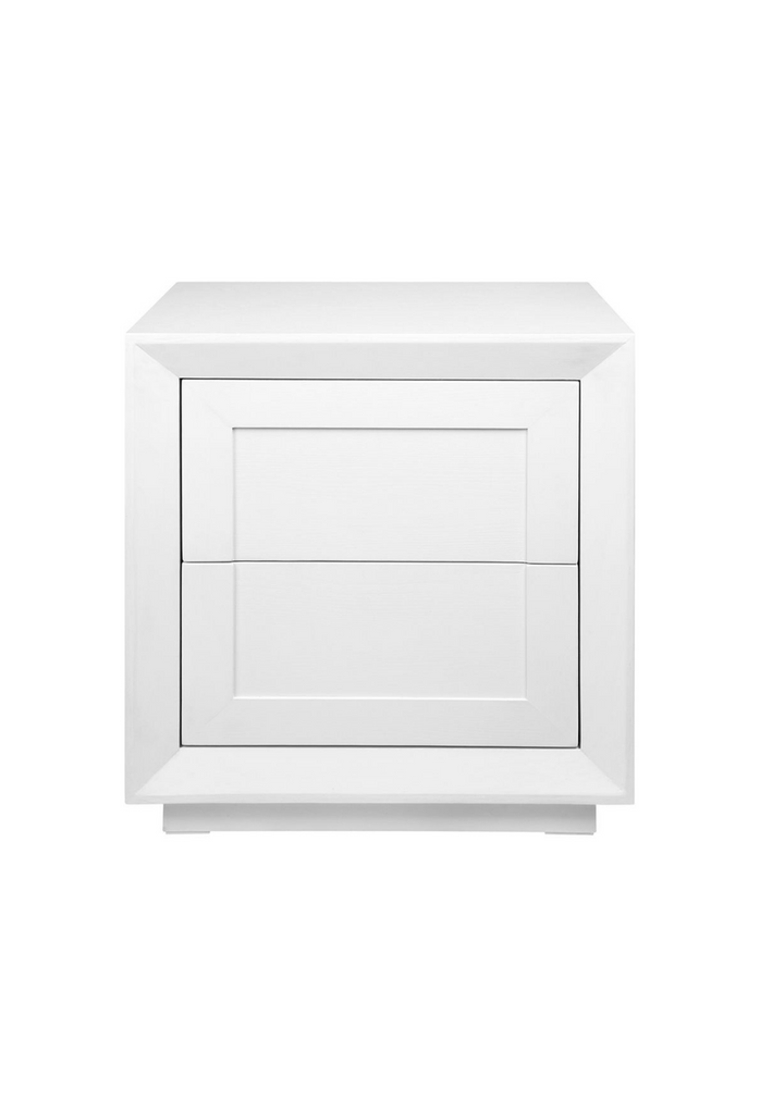 Modern Cubic Painted White Oak Veneer Bedside Table with Two Large Drawers and Shaker Panelling on a White Background