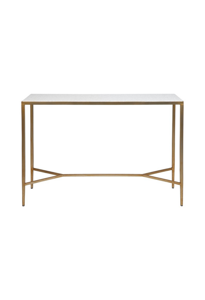 Antique style console table with rectangular white stone top and fine metal legs with handpainted brushed gold finish