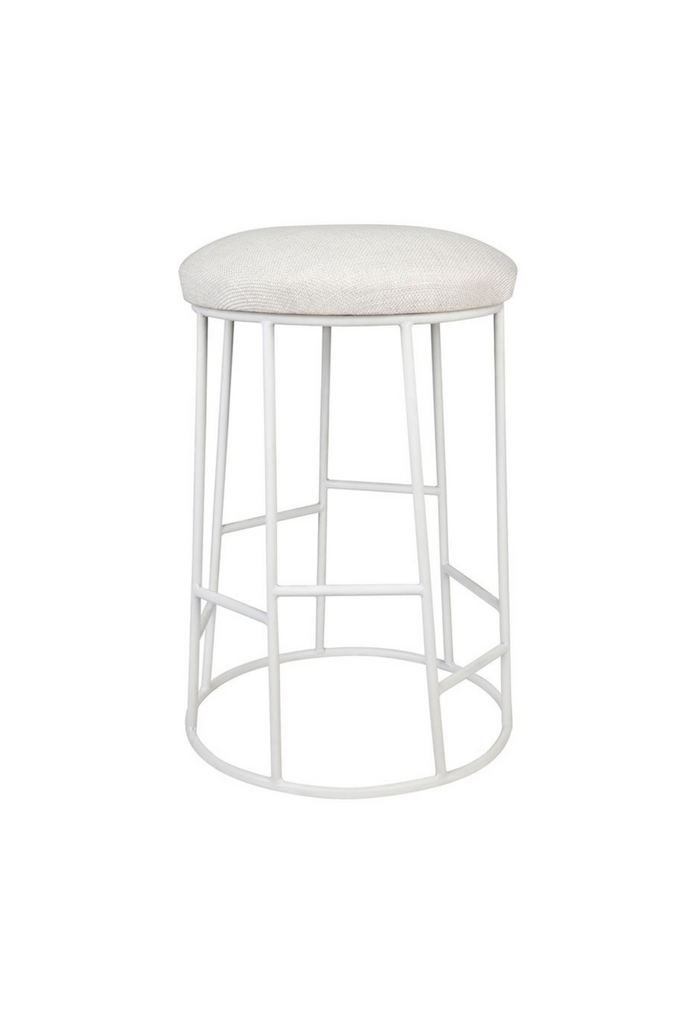 High kitchen / bar stool with white metal streamlined geometric base and round cream white linen seat cushion
