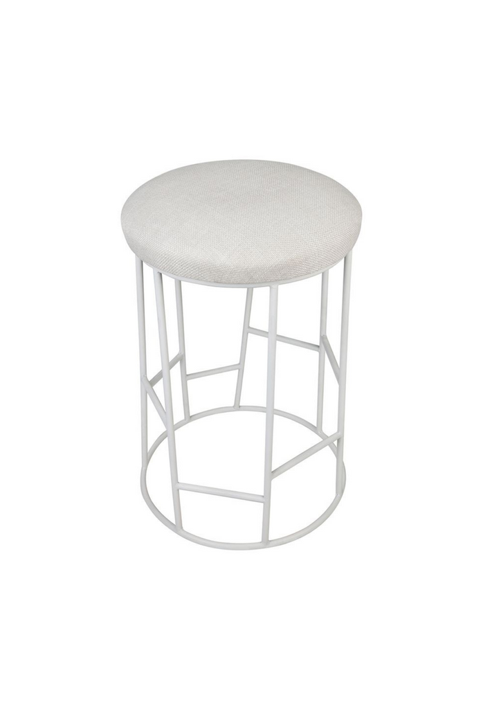 High kitchen / bar stool with white metal streamlined geometric base and round cream white linen seat cushion
