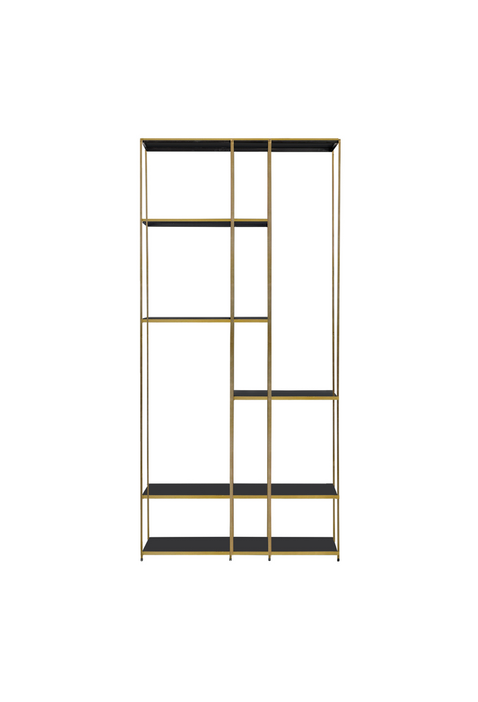 Modern gold metal shelf with black wooden shelves
