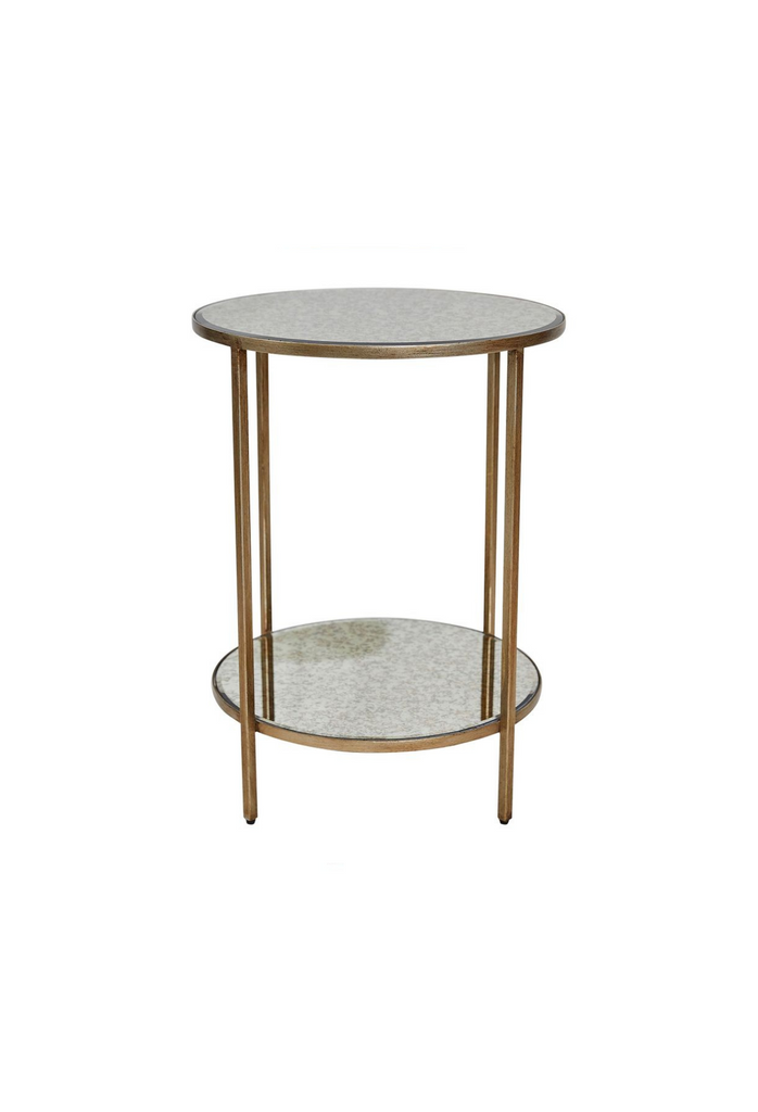 Elegant round mirrored side table in antique brass