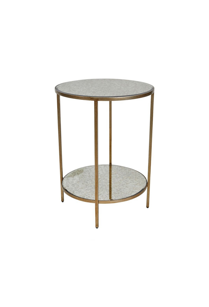 Elegant round mirrored side table in antique brass