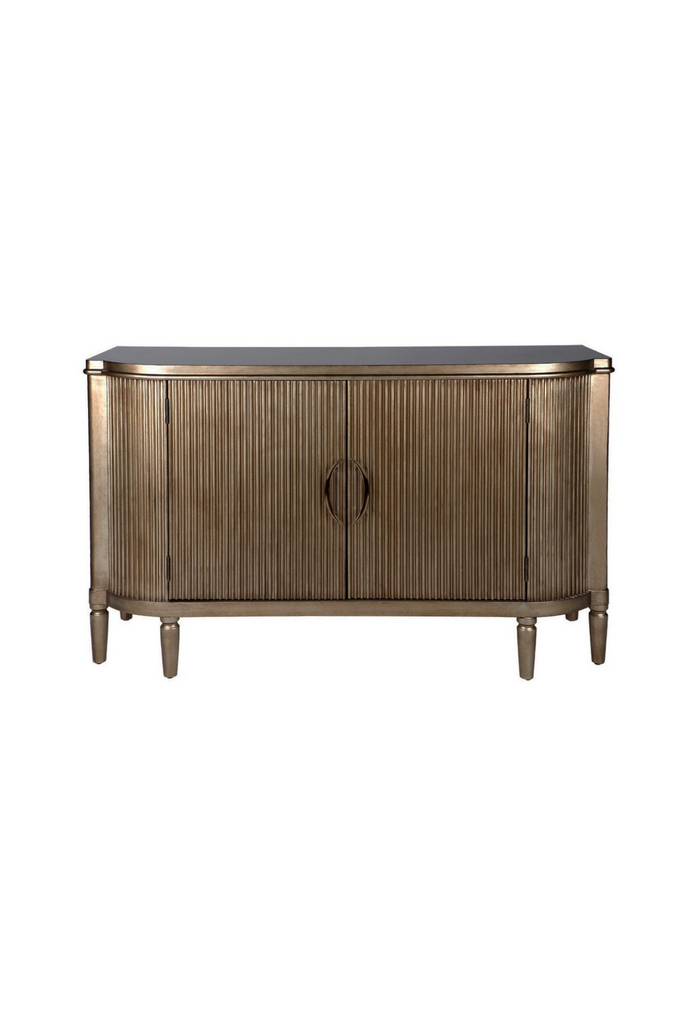 Art Deco Style Buffet with Round Edges and Two Fluted Doors in Antique Gold on White Background