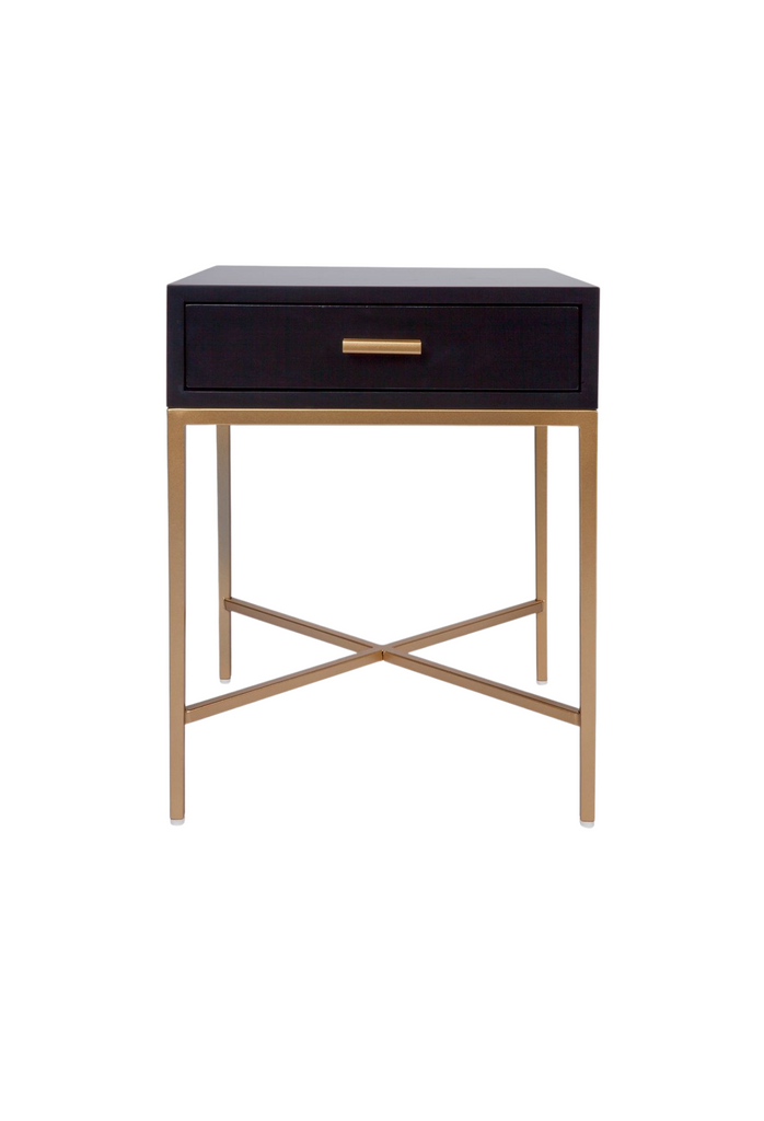 Sleek Bedside Table With a Black Top and Drawer Featuring a Gold Metal Frame and Handle on White Background