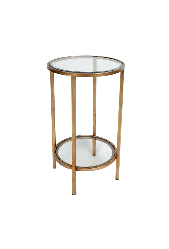 Petite round antique gold side table with glass