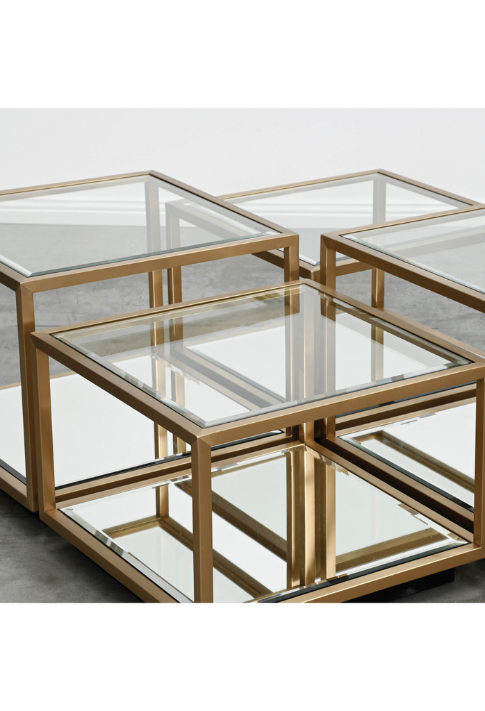 Gold frame side table with mirrored base and gass table top