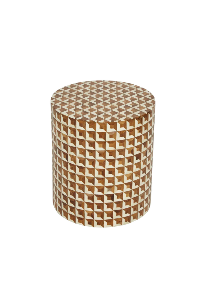 Round geometric brown and white resin side table
