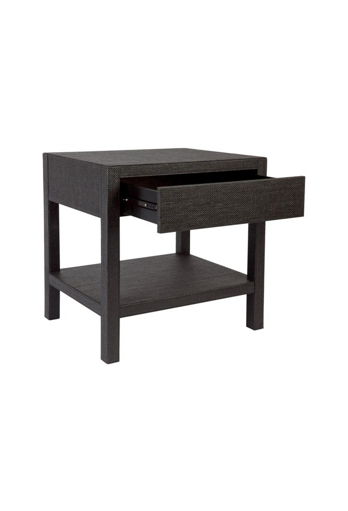 Modern Bedside Table in Linear Shape Fully Upholstered in Dark Grey Sea Grass Cloth with Small Top Drawer and Bottom Shelf