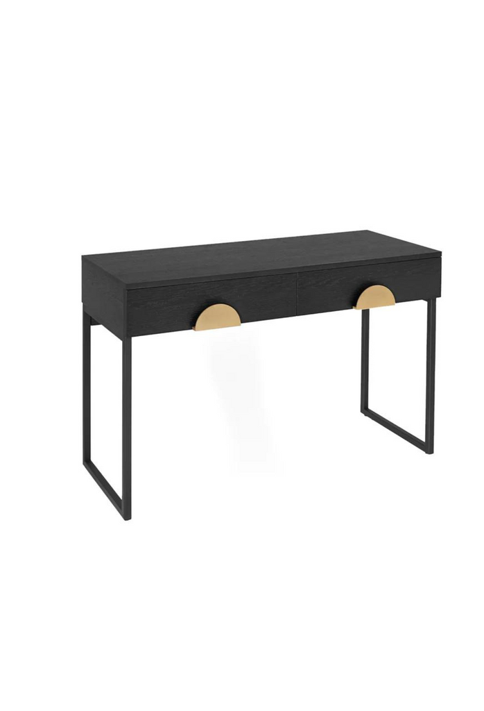 Black wooden console with oak finish fine legs and two small drawers complemented by two halfmoon shaped gold handles