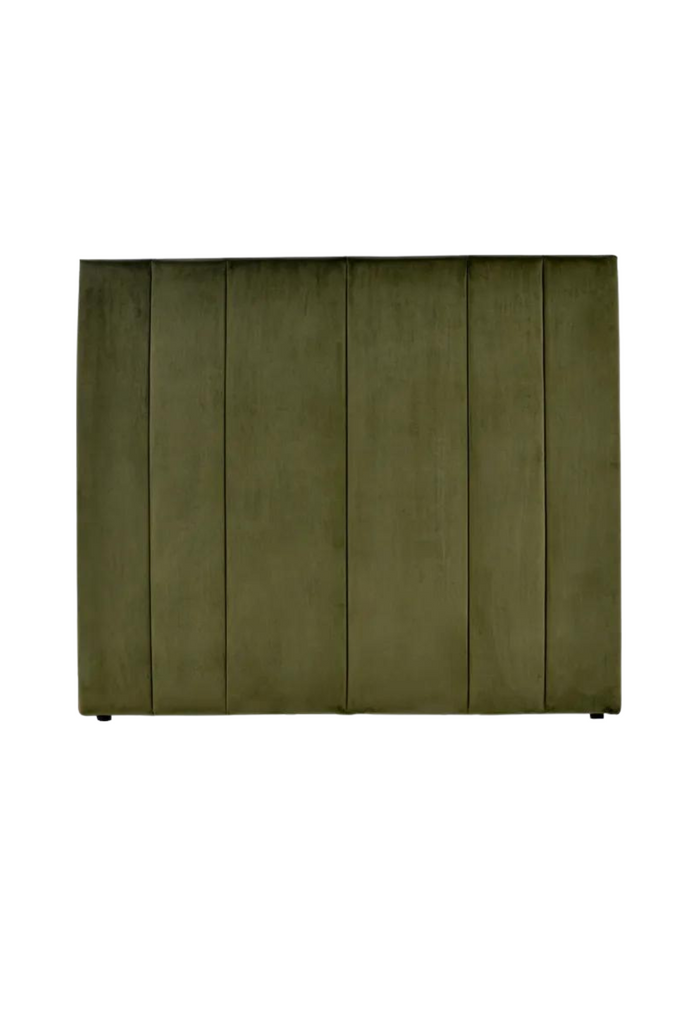 Luxurious free standing rectangular bedhead fully upholstered in olive green velvet with detailed panelling and vertical tufting