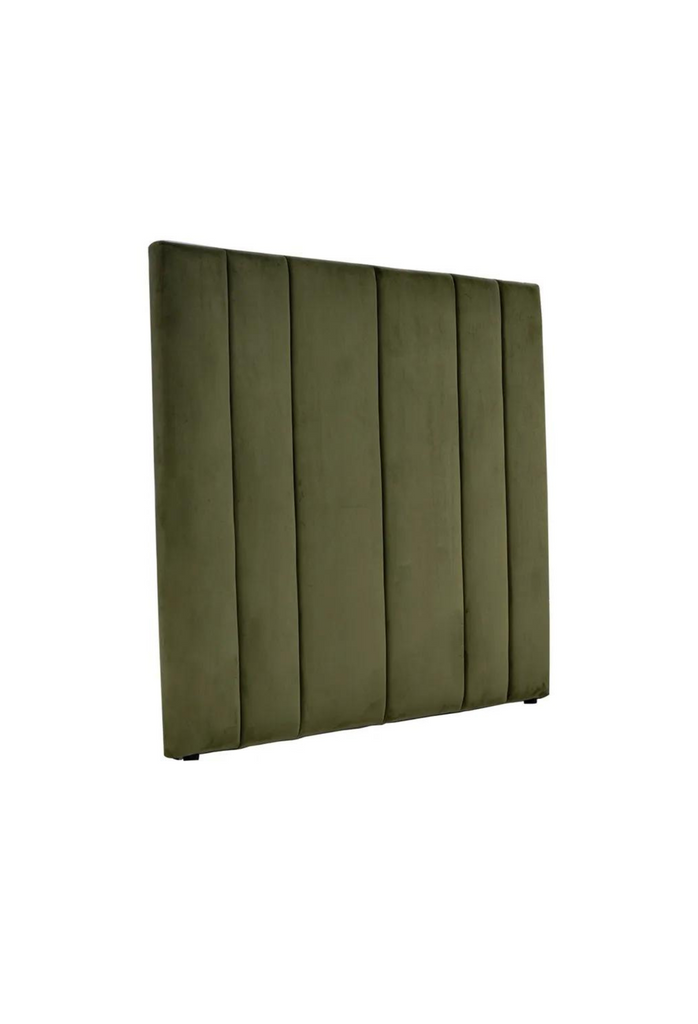 Luxurious free standing rectangular bedhead fully upholstered in olive green velvet with detailed panelling and vertical tufting