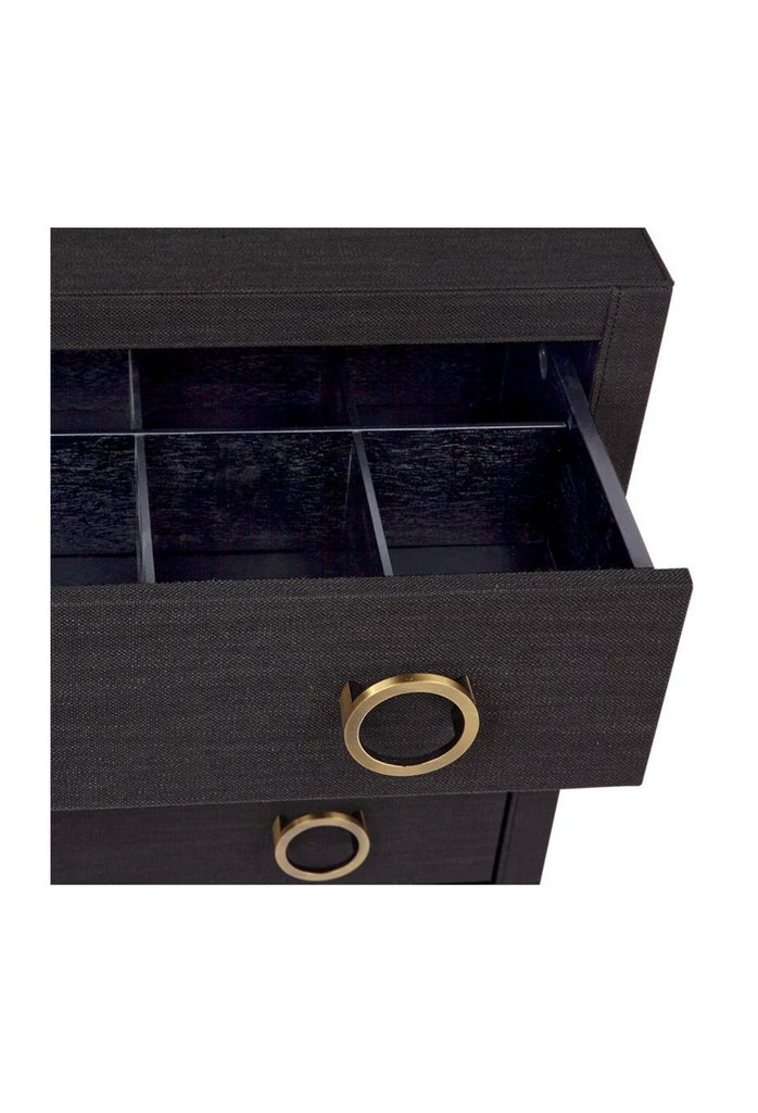 Black Linen Upholstered Bedside Table with Brass Gold Handles on a white background