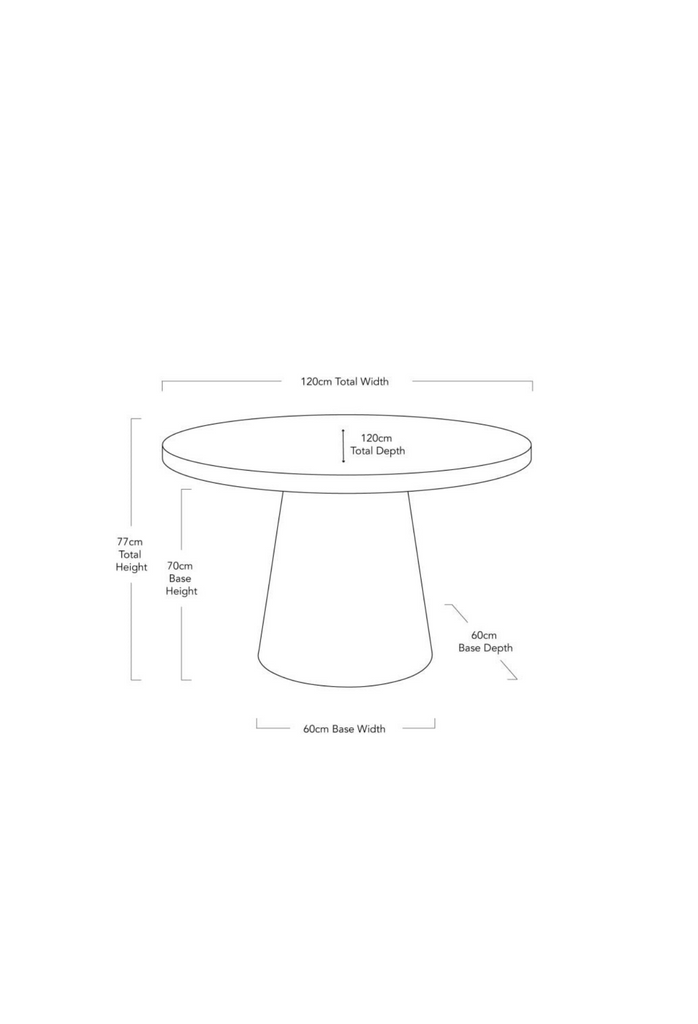 Simplistic round white dining table with round edges and a solid pillar base on a white background