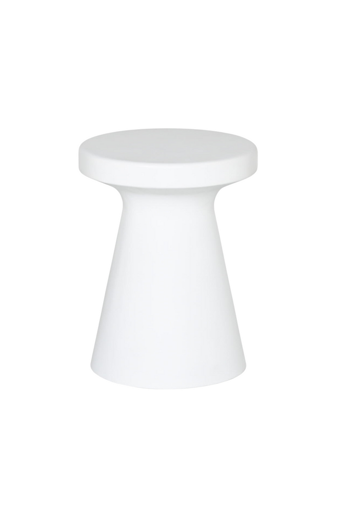 Simplistic White Stool Side Table with a Chunky Cone Shaped Base and a Round Table Top on White Background