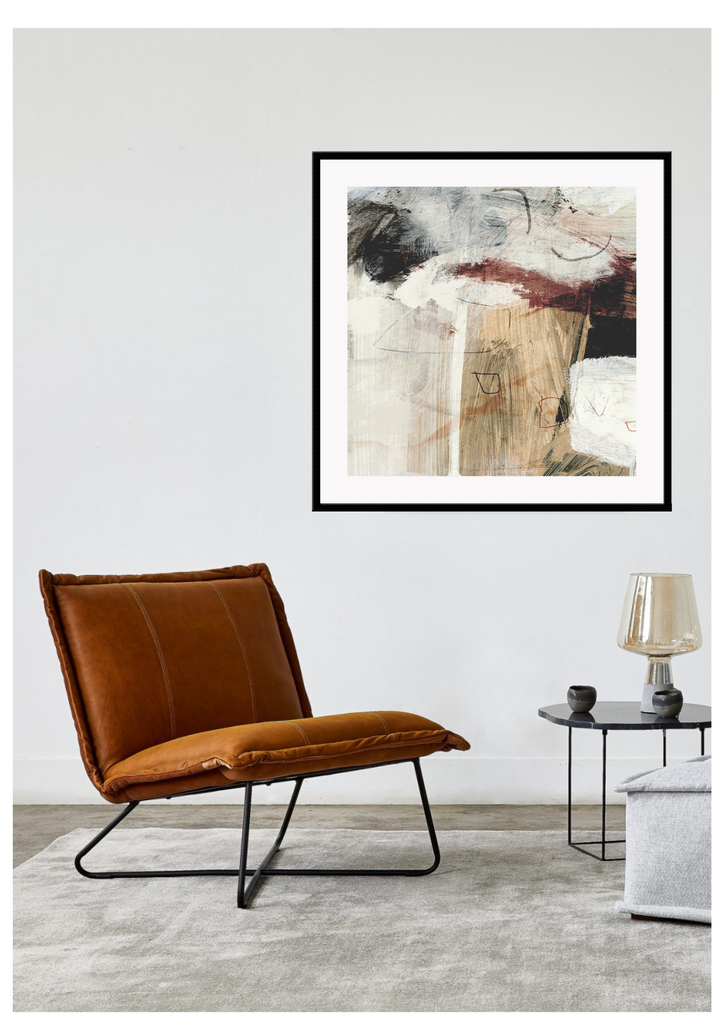 Abstract modern art print minimalist painting square shape brushstroke textures in brown grey white tones.
