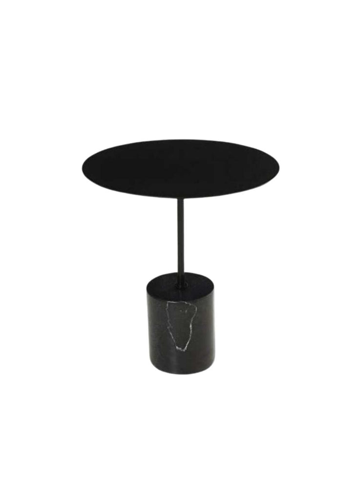 Small Side Table with Solid Cylinder Black Marble Base and a Round Black Metal Table Top on a White Background