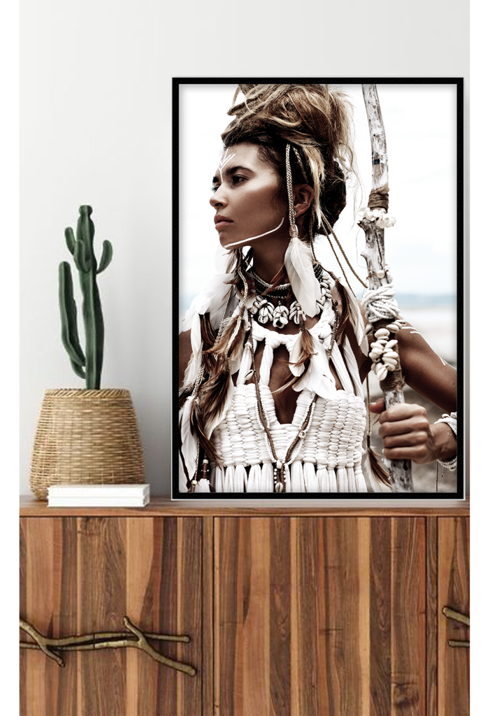 Tribal photography print with neutral colours boho scandi strong woman feather sticks ocean beach
