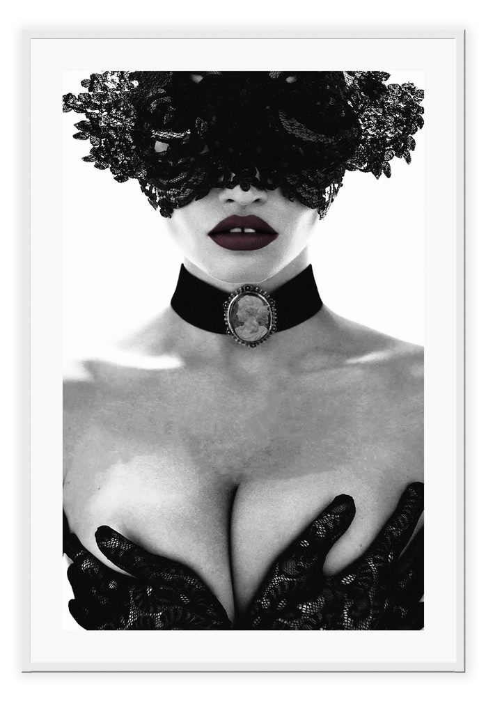 Black and white woman red lips sexy gloves dominatrix lace mask choker portrait 