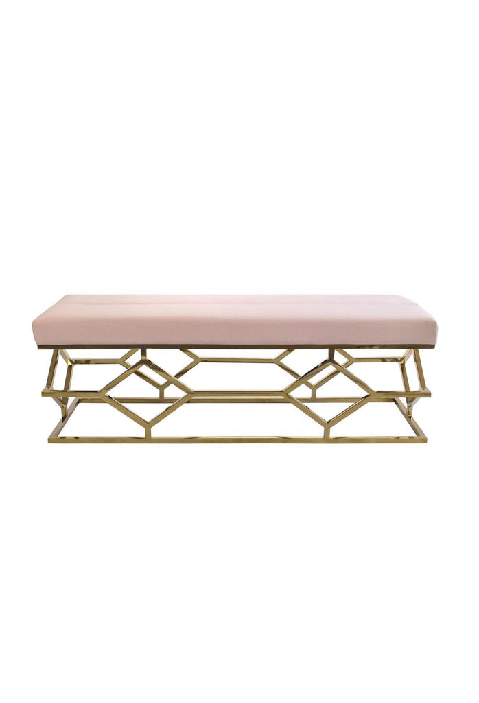 Bench Ottoman with a rose blush velvet seat and a gold steel base in geometric shapes on a white background