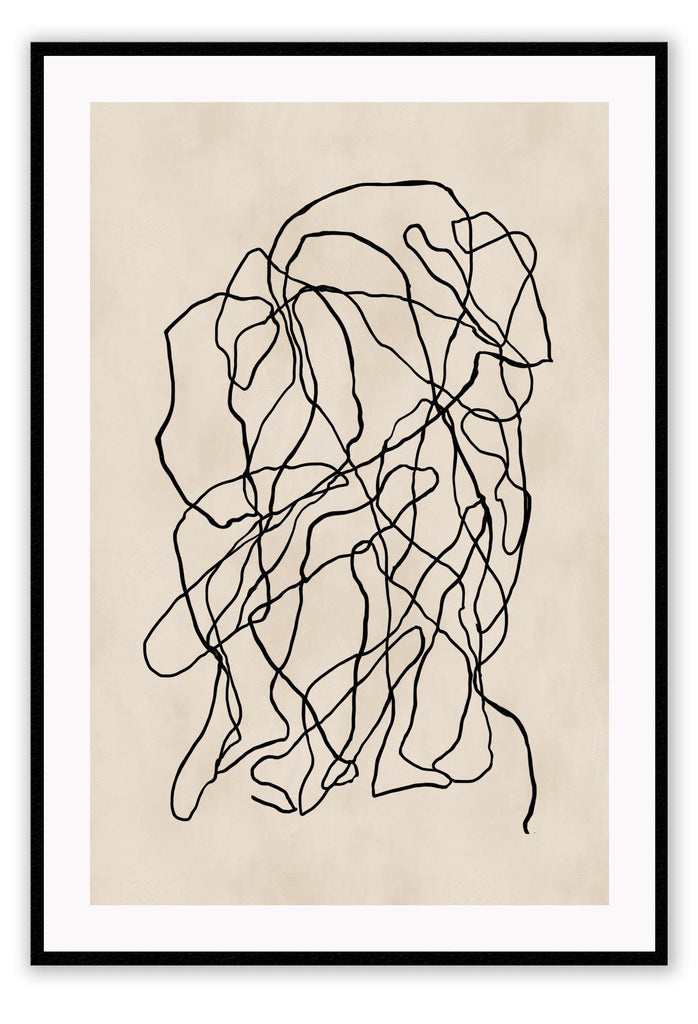 Minimal abstract modern portrait landscape print style small black squiggle lines overlapping cream beige background.