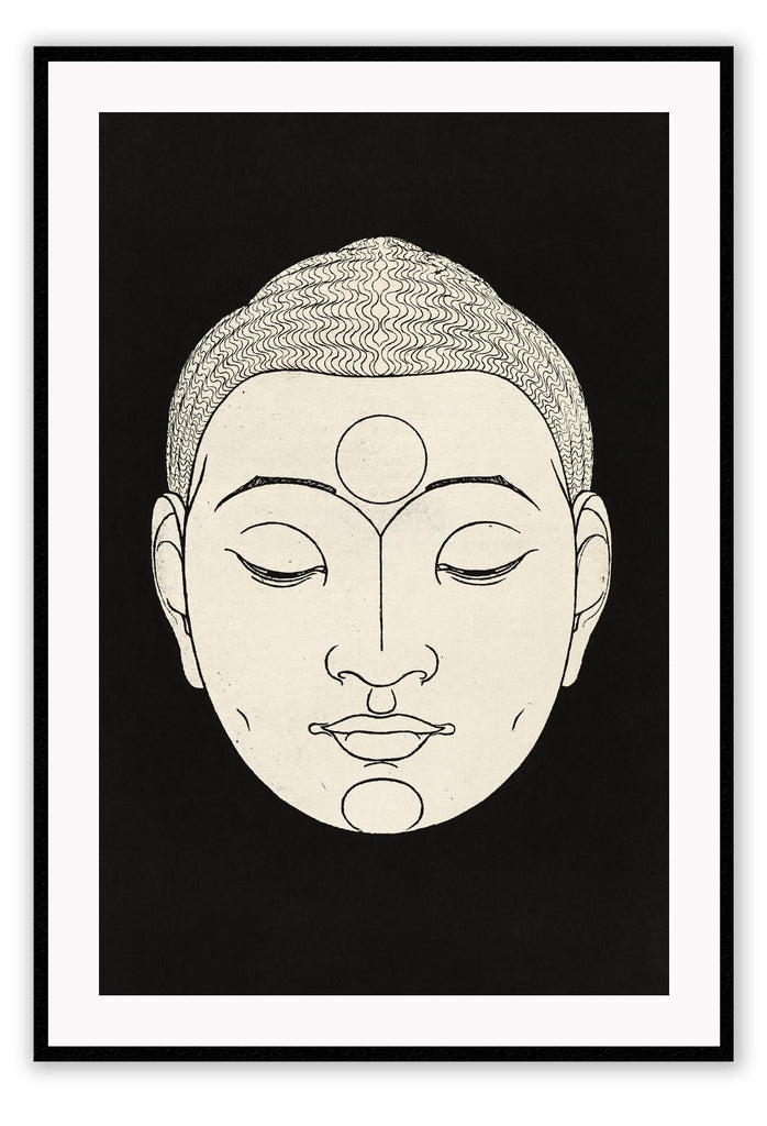 Zen modern minimal style print with a cream buddha face with eyes closed on a black background.