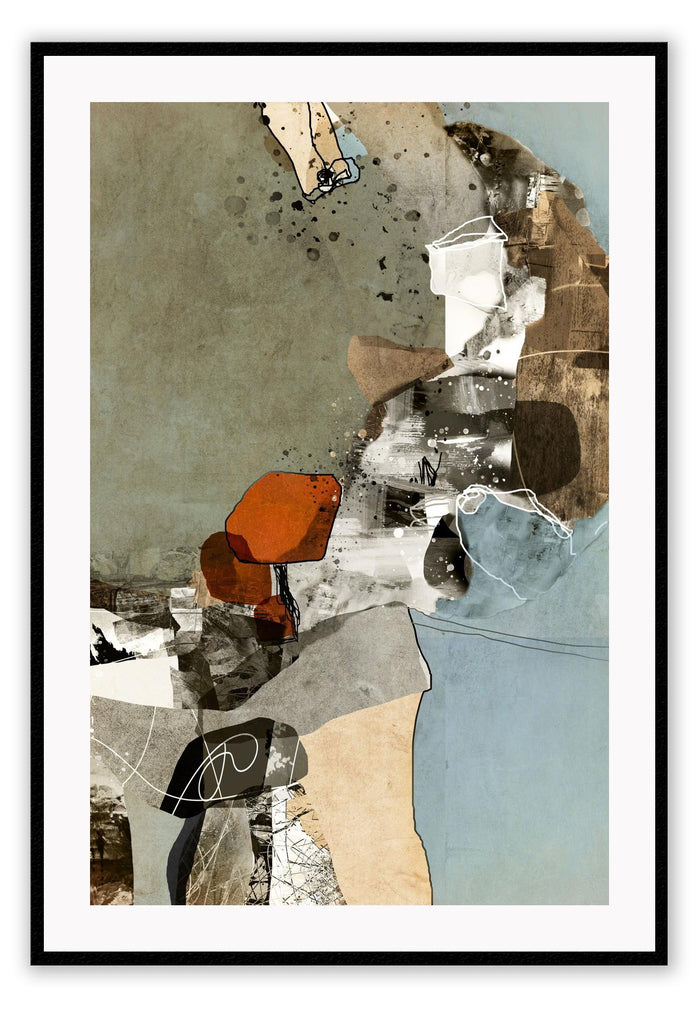 Abstract print in different textures with random shapes, lines and paint splatters in beige, black, grey and rust tones.