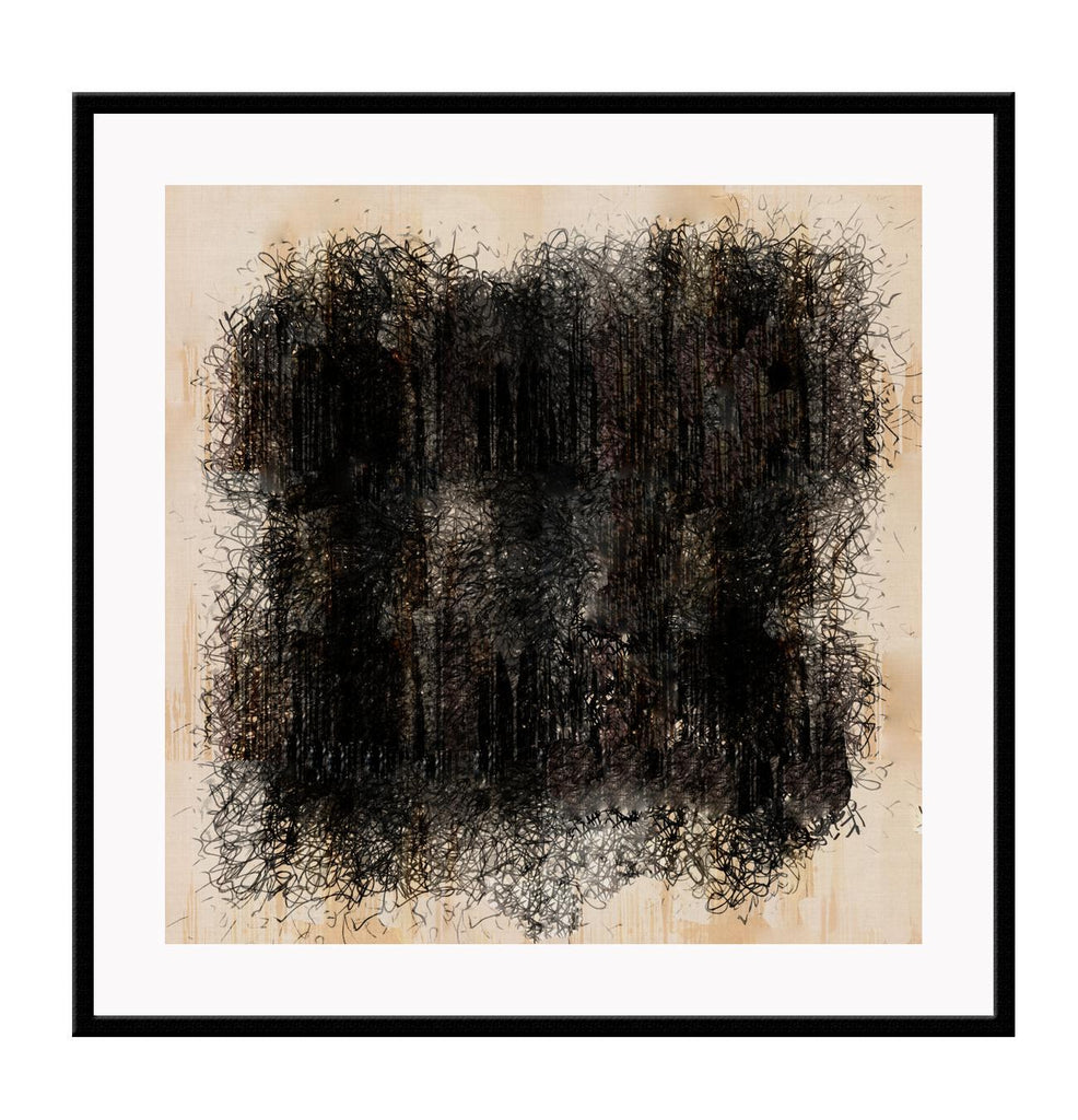 Modern abstract square print with tiny black lines creating a large black area on a cream background.