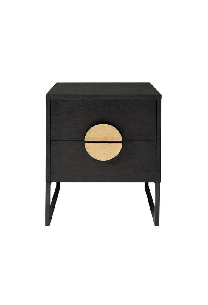 Black Cubic Timber Bedside Table with two drawers featuring gold halfmoon shaped metal handles and black metal legs