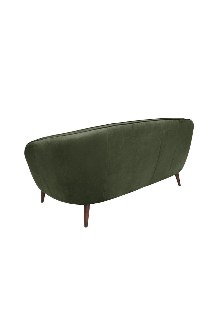 Elegant Olive Green Velvet Sofa with Curved Back Rest Featuring Panelled Plush Detailing and Dark Wooden Legs on White Background