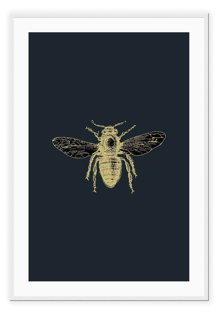 A natural wall art with brass bee on navy blue background that mimics an insect sample