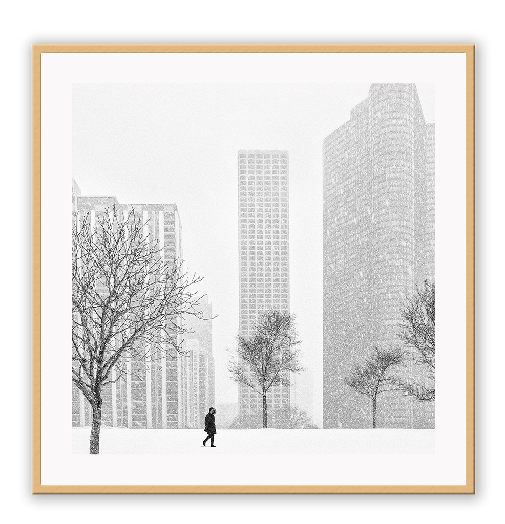 Urban print with black and white city in winter New York City Central Park in square orientation. 