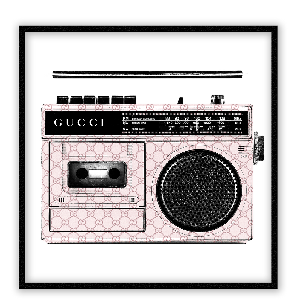 Fashion print with Gucci branded boombox and monogramming in pink with a white background. 