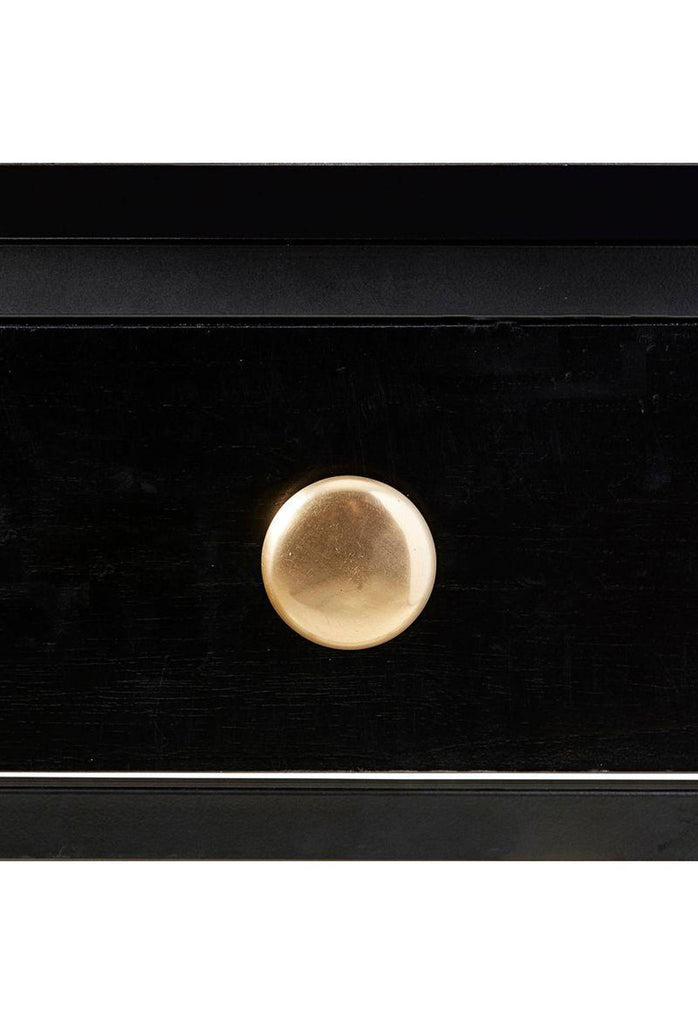 Sleek Black Bedside Table with black metal frame and small top drawer featuring a round brass gold handle on a white background