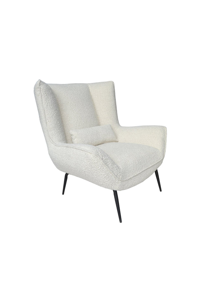 Winged Back Style Inspired Chair with High Back Rest Fully Upholstered in Ivory Boucle with Matching Cushion and Black Metal Legs