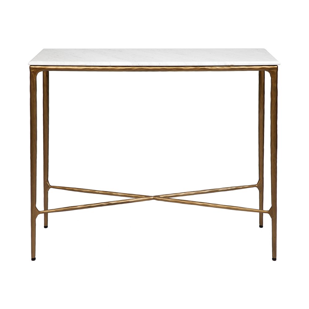 Console table with fine antique gold frame with hammered imperfect finish and a natural white marble table top